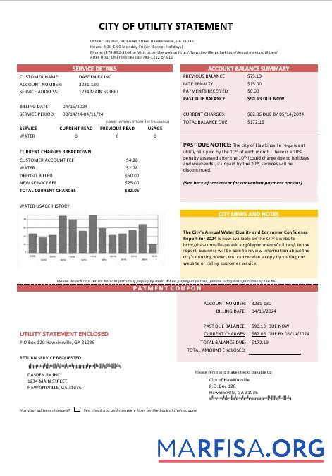 Printable USA City of Utility Statement water business utility bill template in Word and PDF formats